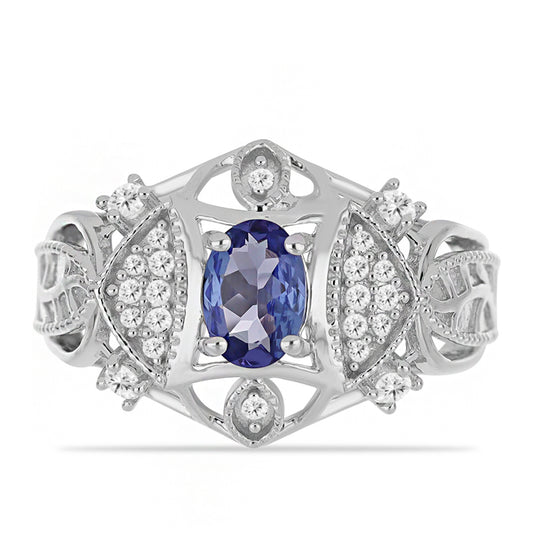 Anel de Prata com Tanzanite e Topázio Branco  Contraste: Cabeca de Veado (800)