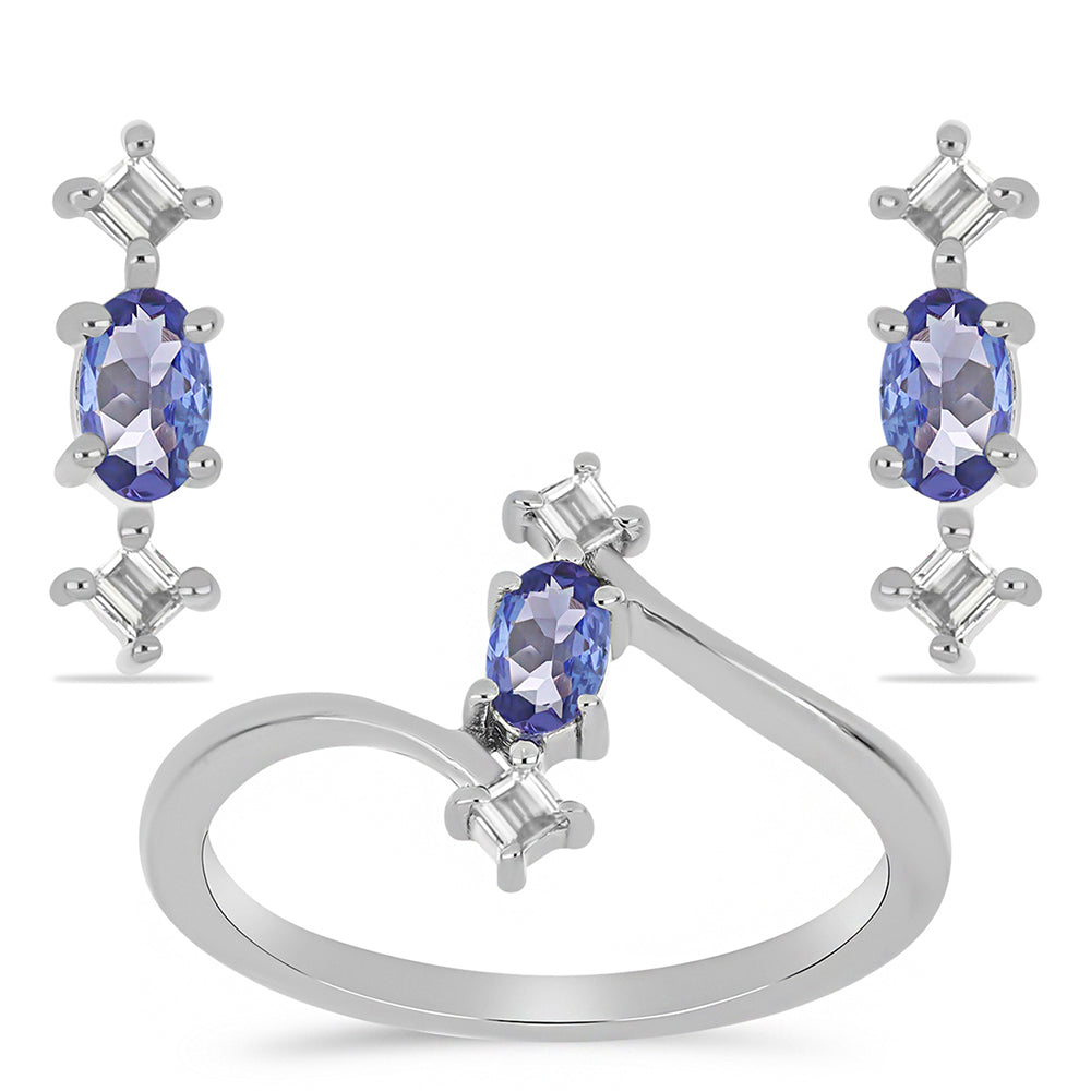 Conjunto de Prata com Tanzanite e Topázio Branco ( Brincos+Anel )