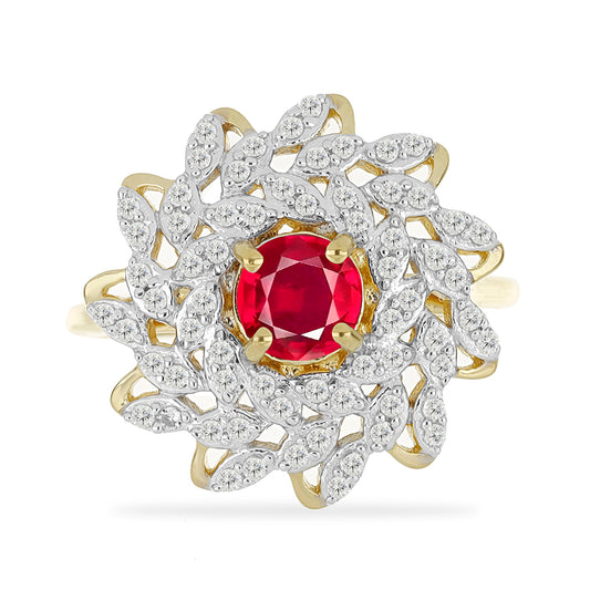 Anel de Prata com Banho de Ouro com Rubi de Madagáscar e Topázio Branco  Contraste: Cabeca de Veado (800)