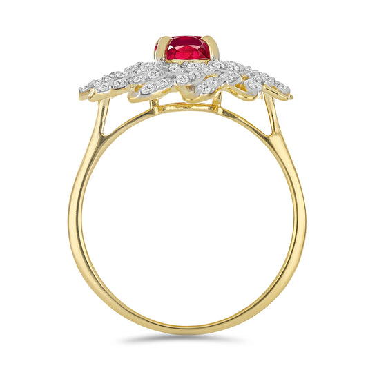 Anel de Prata com Banho de Ouro com Rubi de Madagáscar e Topázio Branco  Contraste: Cabeca de Veado (800)