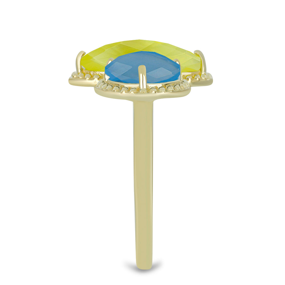 Anel de Prata com Banho de Ouro com Calcedônia Cor de Limão e Calcedônia Azul  Contraste: Cabeca de Veado (800)