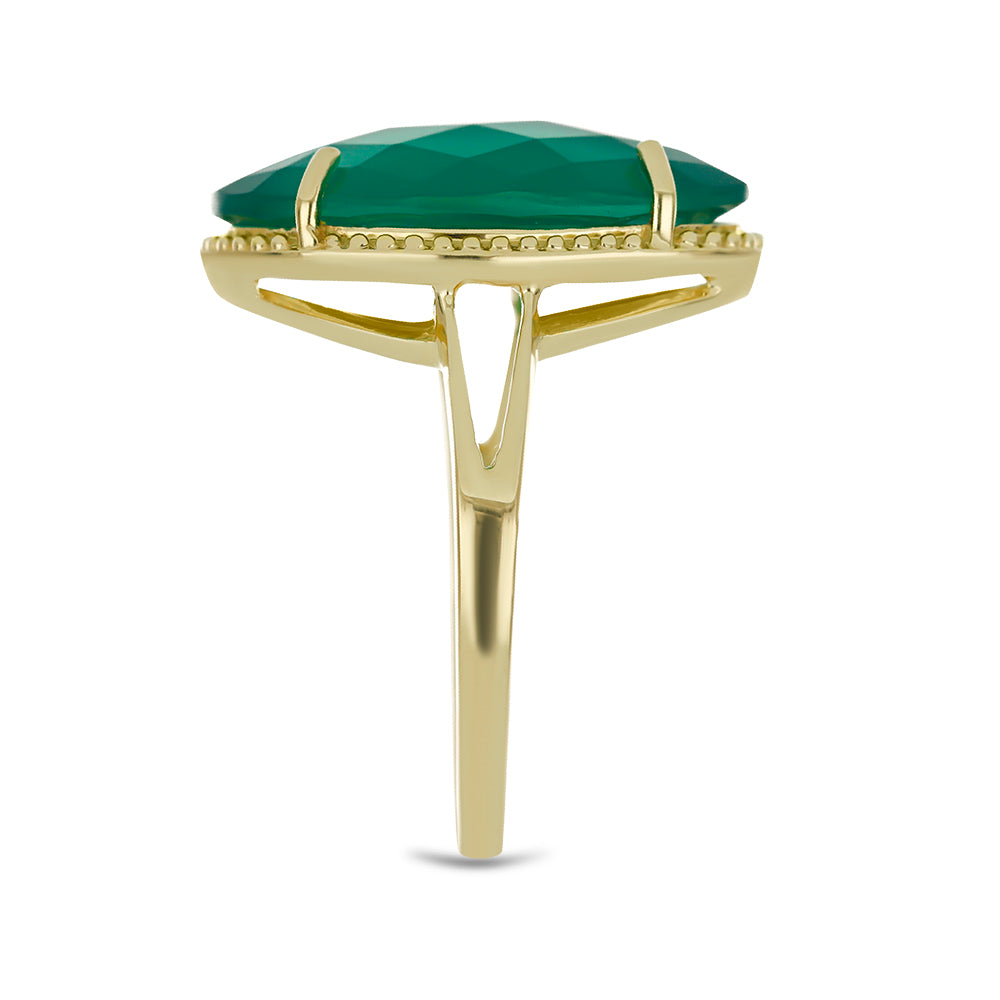 Anel de Prata com Banho de Ouro com Calcedônia Verde  Contraste: Cabeca de Veado (800)