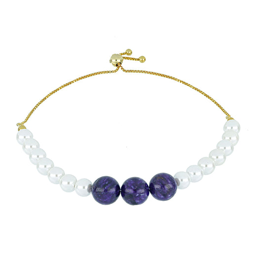 Pulseira de Prata com Banho de Ouro com Charoite e Pérola Branca de Água Doce