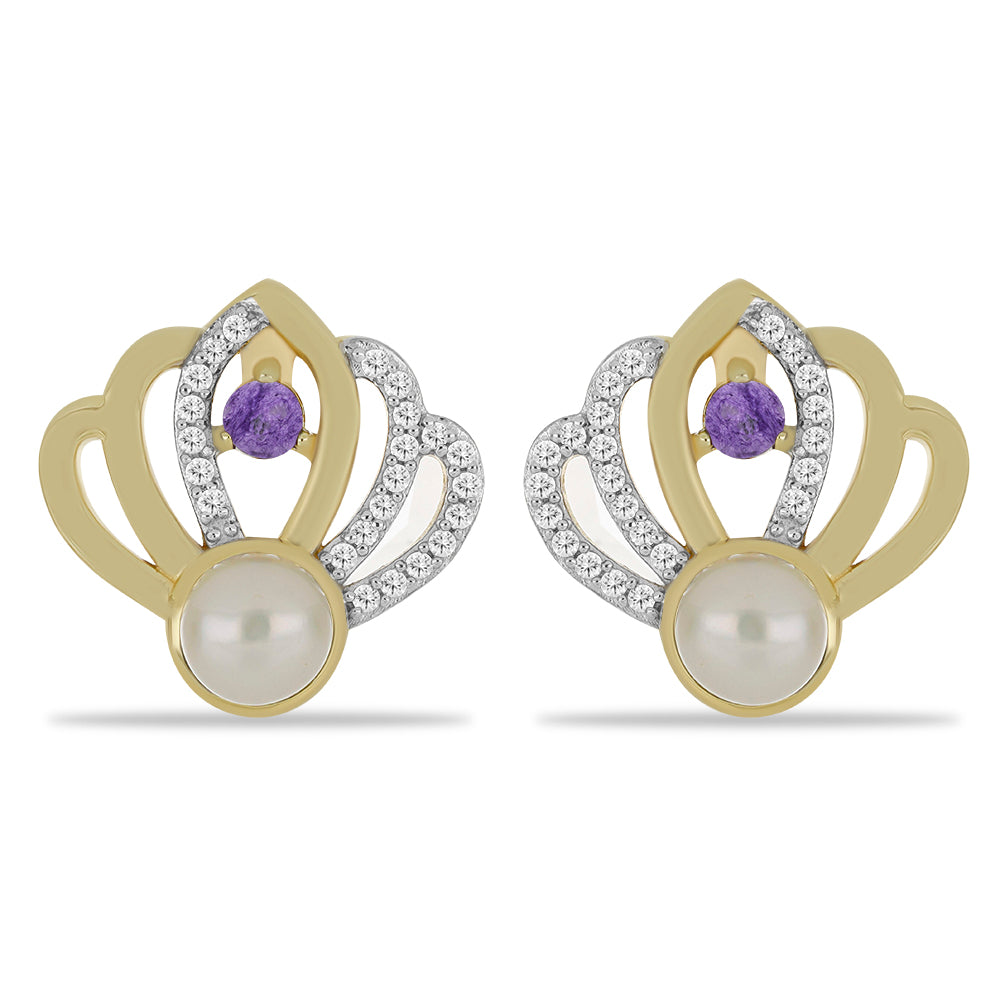 Brincos de Prata com Banho de Ouro com Charoite e Pérola Branca de Água Doce