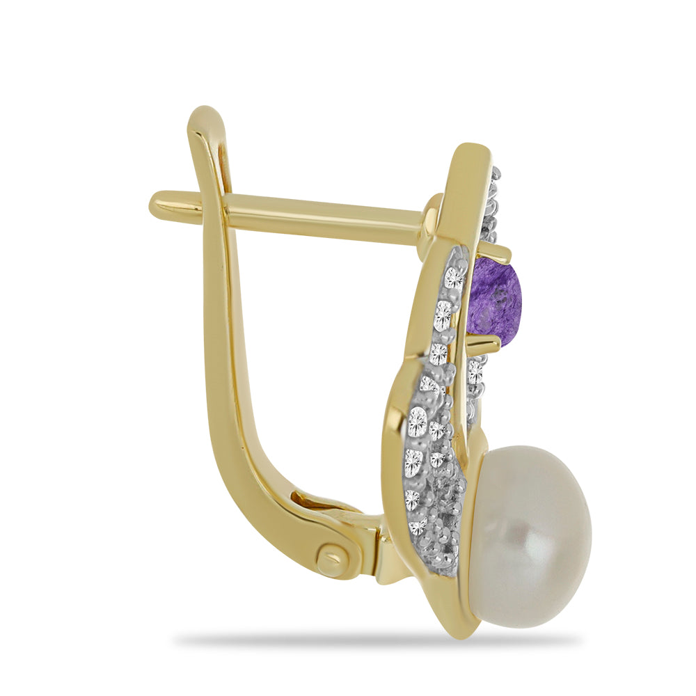 Brincos de Prata com Banho de Ouro com Charoite e Pérola Branca de Água Doce 2 