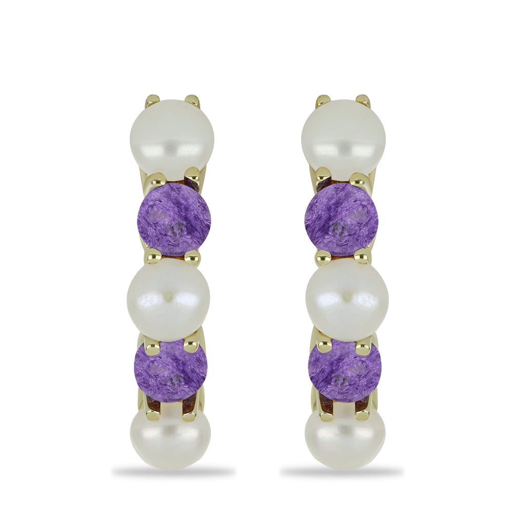 Brincos de Prata com Banho de Ouro com Charoite e Pérola Branca de Água Doce 3 