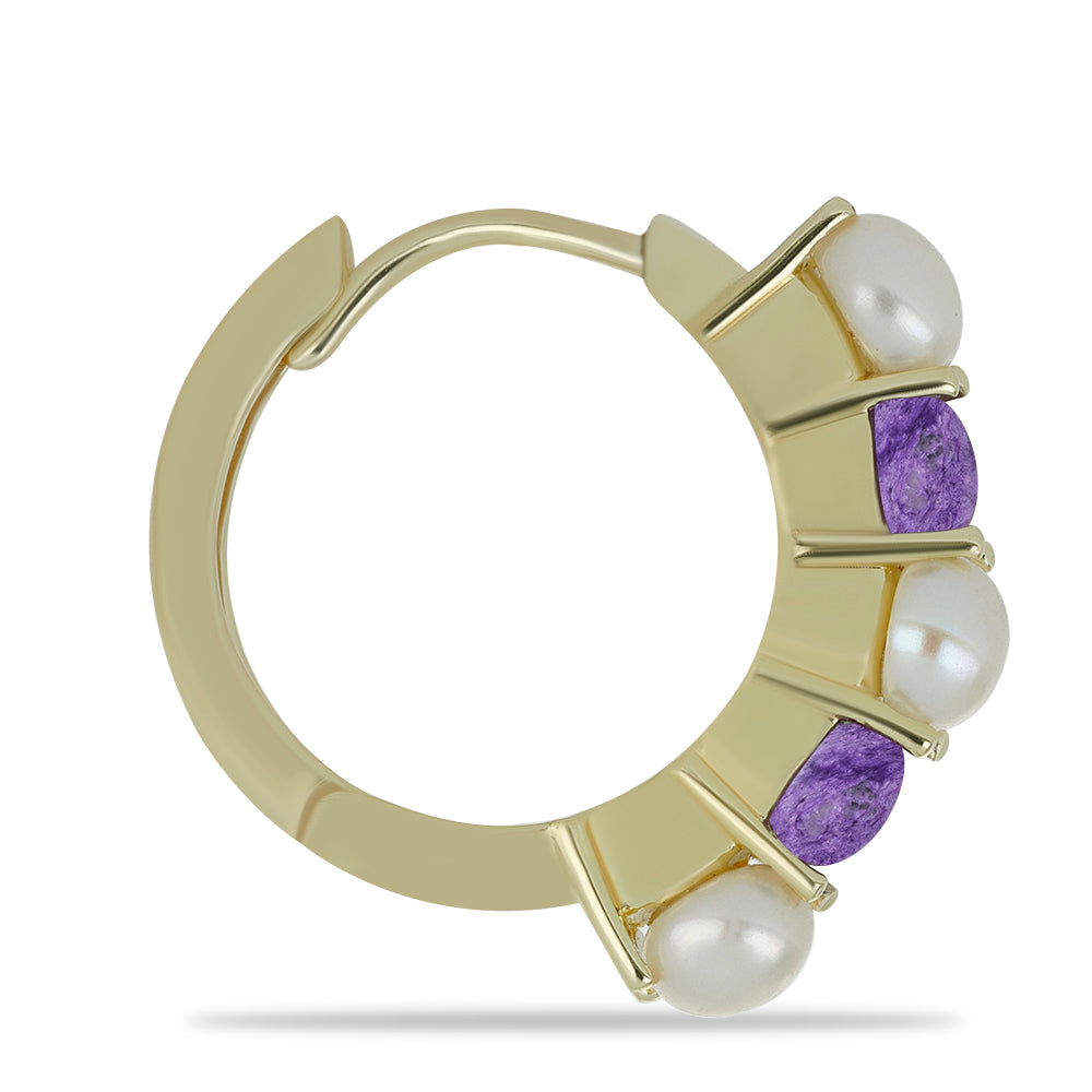 Brincos de Prata com Banho de Ouro com Charoite e Pérola Branca de Água Doce 4 