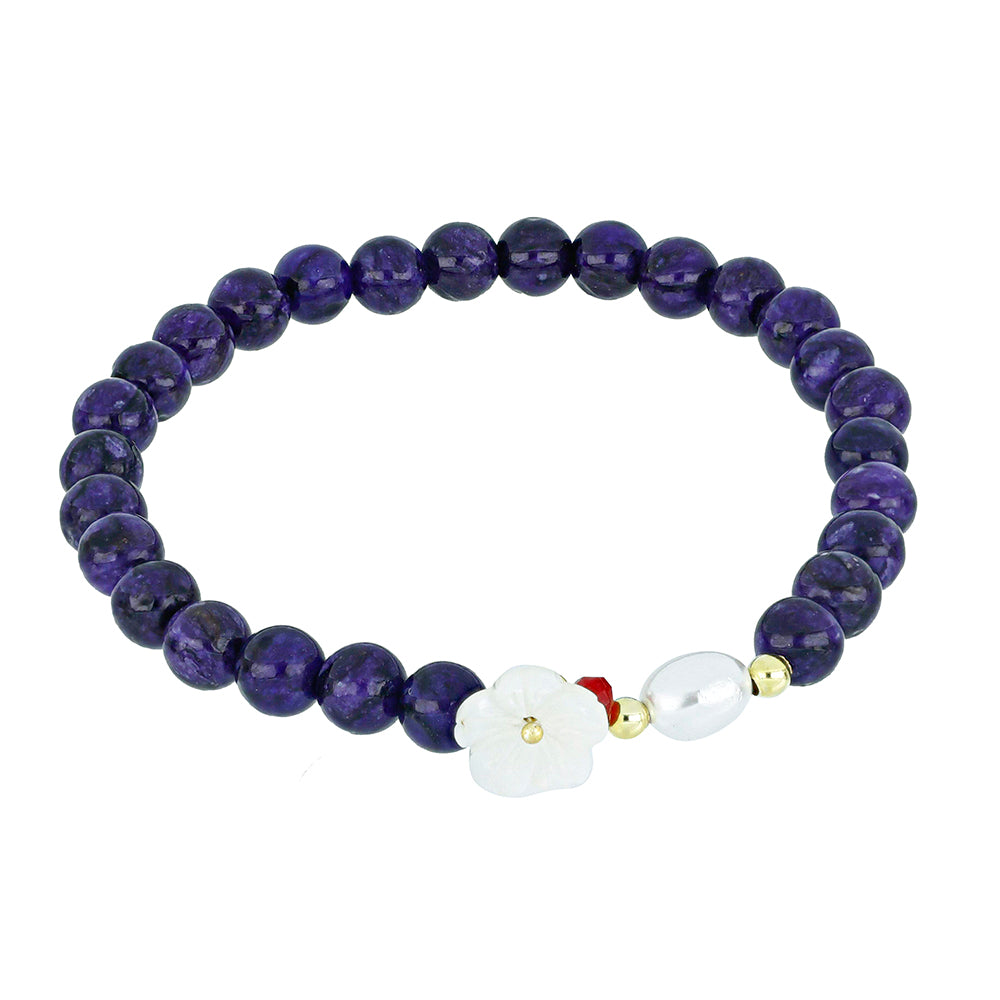 Pulseira de Prata com Banho de Ouro com Charoite e Calcedónia Vermelha 1 