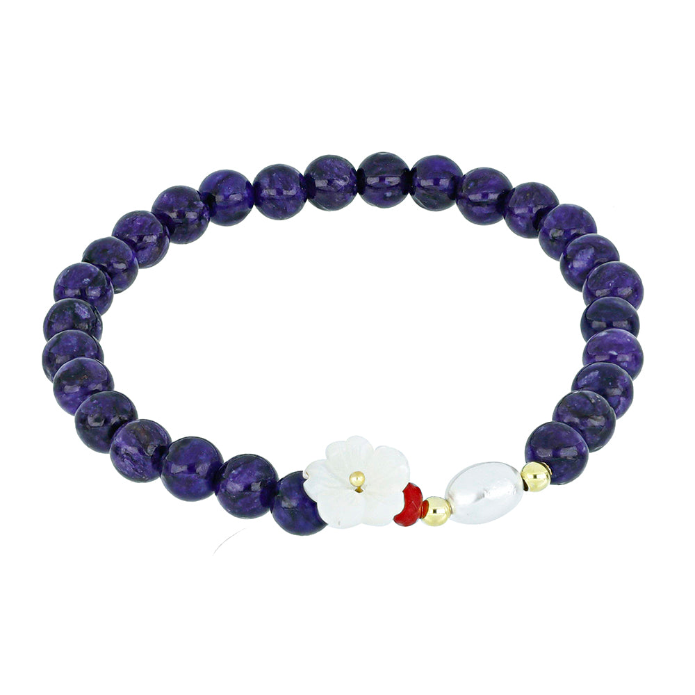 Pulseira de Prata com Banho de Ouro com Charoite e Calcedónia Vermelha 2 