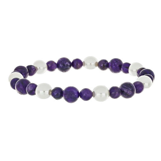 Pulseira com Charoite e Pérola Branca de Água Doce