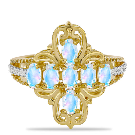 Anel de Prata com Banho de Ouro com Pedra da Lua Arco-íris e Topázio Branco  Contraste: Cabeca de Veado (800)