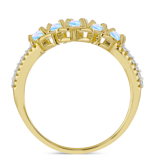 Anel de Prata com Banho de Ouro com Pedra da Lua Arco-íris e Topázio Branco  Contraste: Cabeca de Veado (800)
