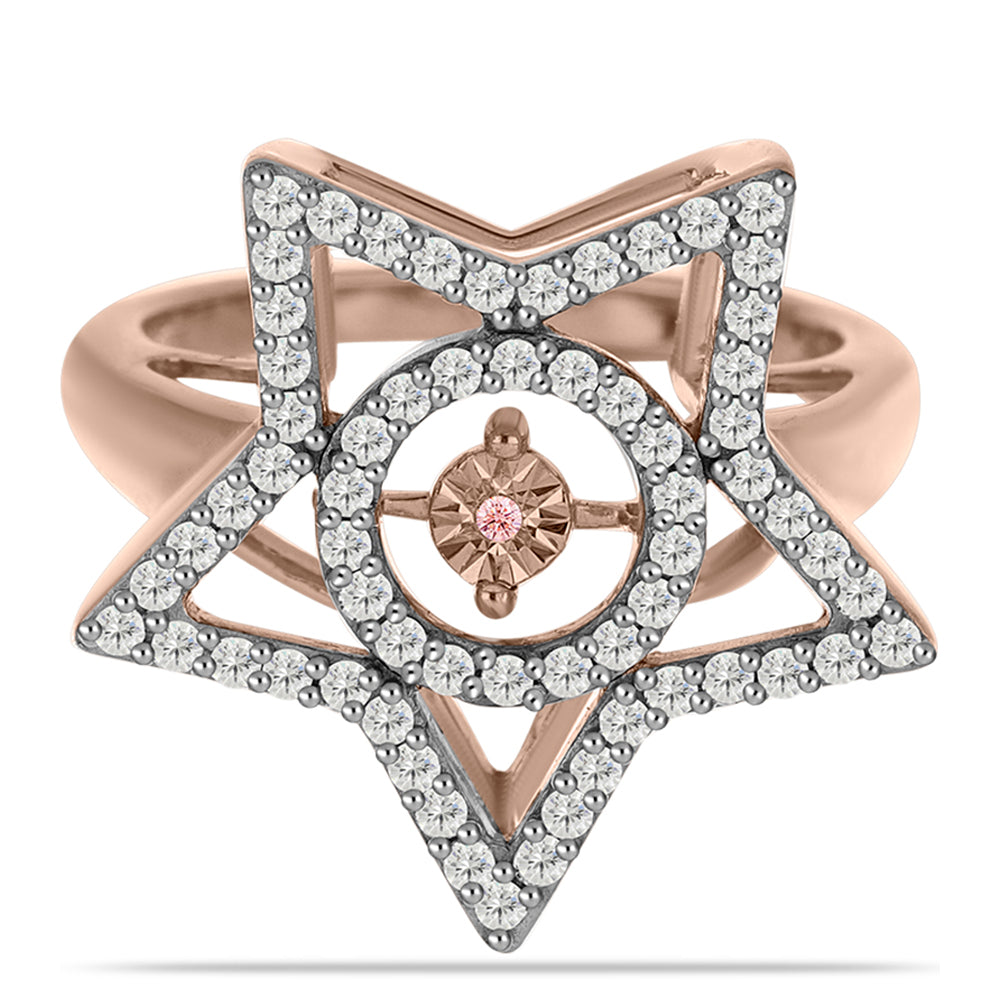 Anel de Prata com Banho de Ouro Rosa com Diamante Dançante Rosa e Topázio Branco  Contraste: Cabeca de Veado (800) 1 