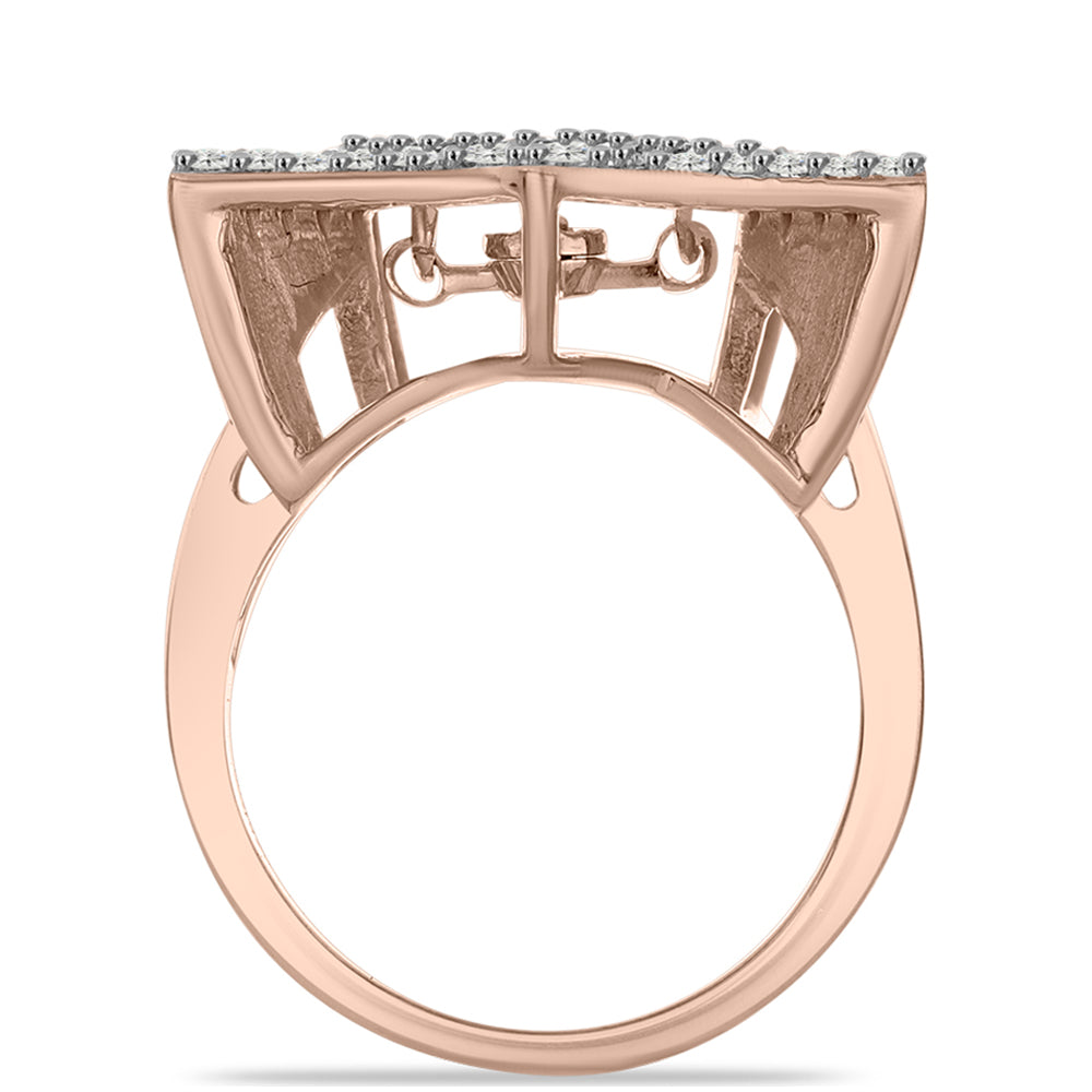 Anel de Prata com Banho de Ouro Rosa com Diamante Dançante Rosa e Topázio Branco  Contraste: Cabeca de Veado (800)