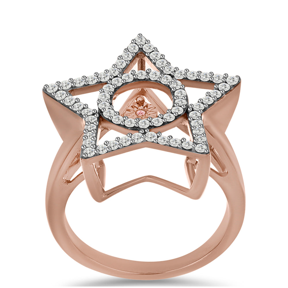 Anel de Prata com Banho de Ouro Rosa com Diamante Dançante Rosa e Topázio Branco  Contraste: Cabeca de Veado (800)