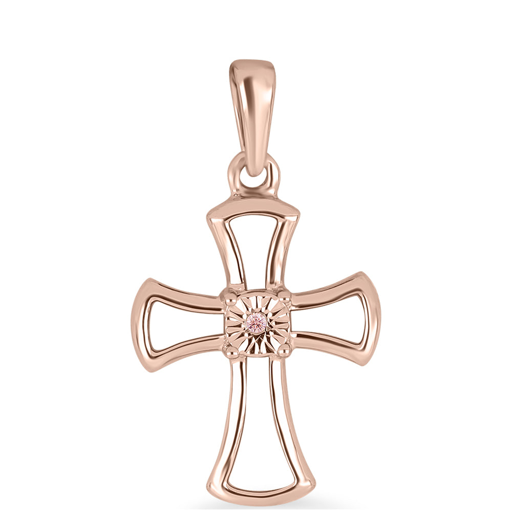 Cruz Pendente de Prata com Banho de Ouro Rosa com Diamante Dançante Rosa 1 