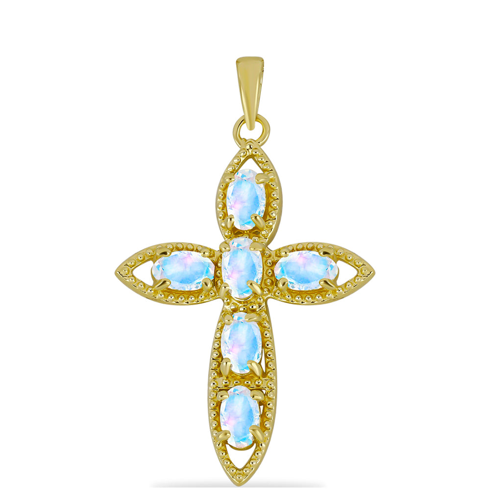 Cruz Pendente de Prata com Banho de Ouro com Pedra da Lua Arco-íris