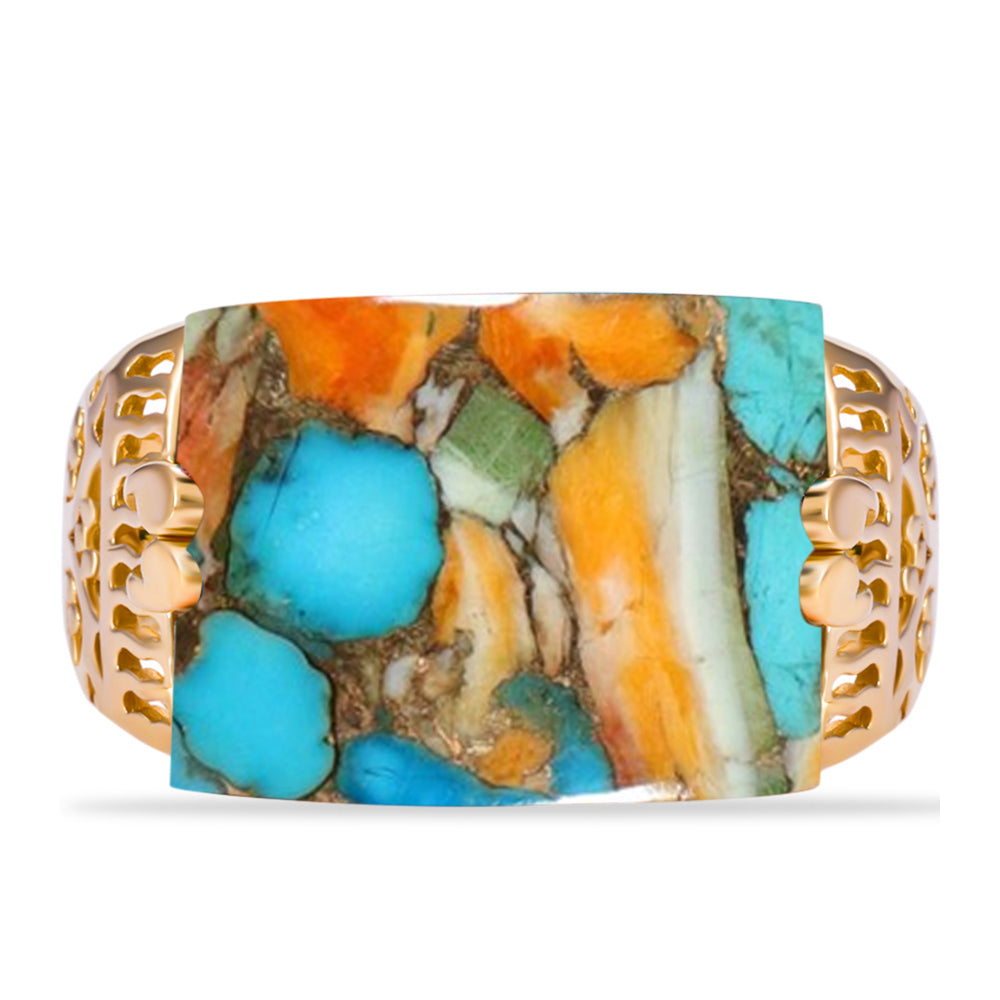 Anel de Prata com Banho de Ouro com Ostra Turquesa  Contraste: Cabeca de Veado (800) 1 