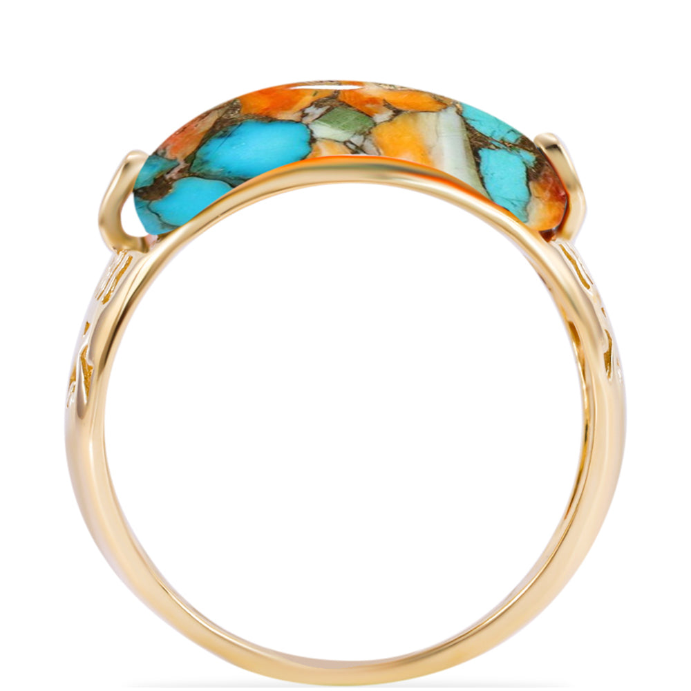 Anel de Prata com Banho de Ouro com Ostra Turquesa  Contraste: Cabeca de Veado (800)