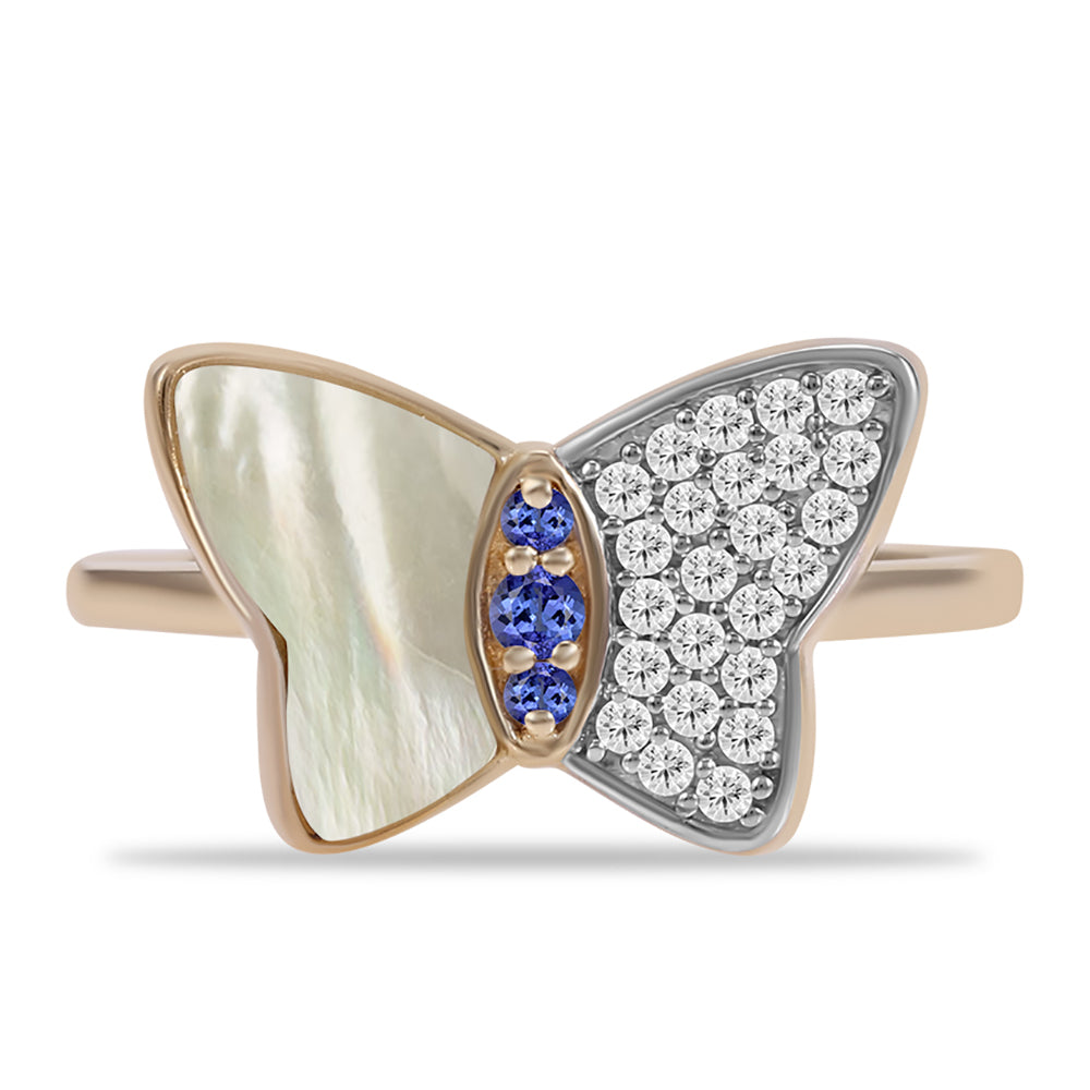 Anel de Prata com Banho de Ouro com Tanzanite AAA e Mãe de Pérola 1 