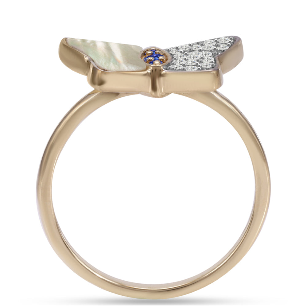 Anel de Prata com Banho de Ouro com Tanzanite AAA e Mãe de Pérola