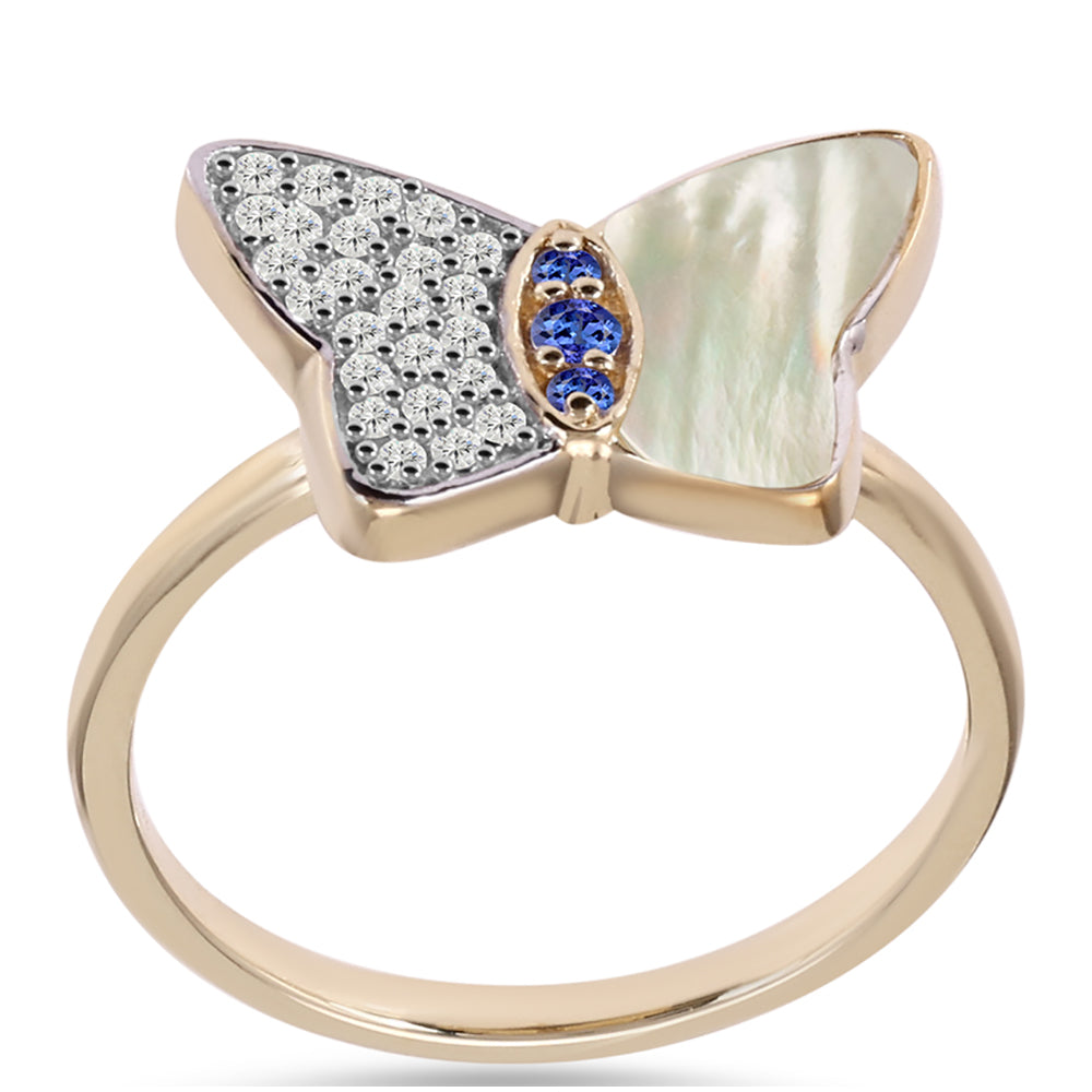 Anel de Prata com Banho de Ouro com Tanzanite AAA e Mãe de Pérola