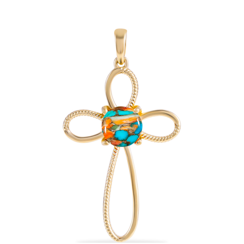 Cruz Pendente de Prata com Banho de Ouro com Ostra Turquesa  Contraste: Cabeca de Veado (800) 1 