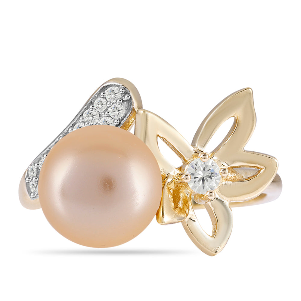 Anel de Prata com Banho de Ouro com Pérola de Água Doce Dourada e Topázio Branco  Contraste: Cabeca de Veado (800) 1 