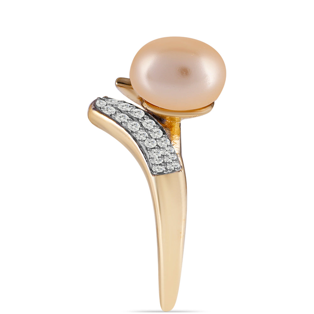 Anel de Prata com Banho de Ouro com Pérola de Água Doce Dourada e Topázio Branco  Contraste: Cabeca de Veado (800) 4 