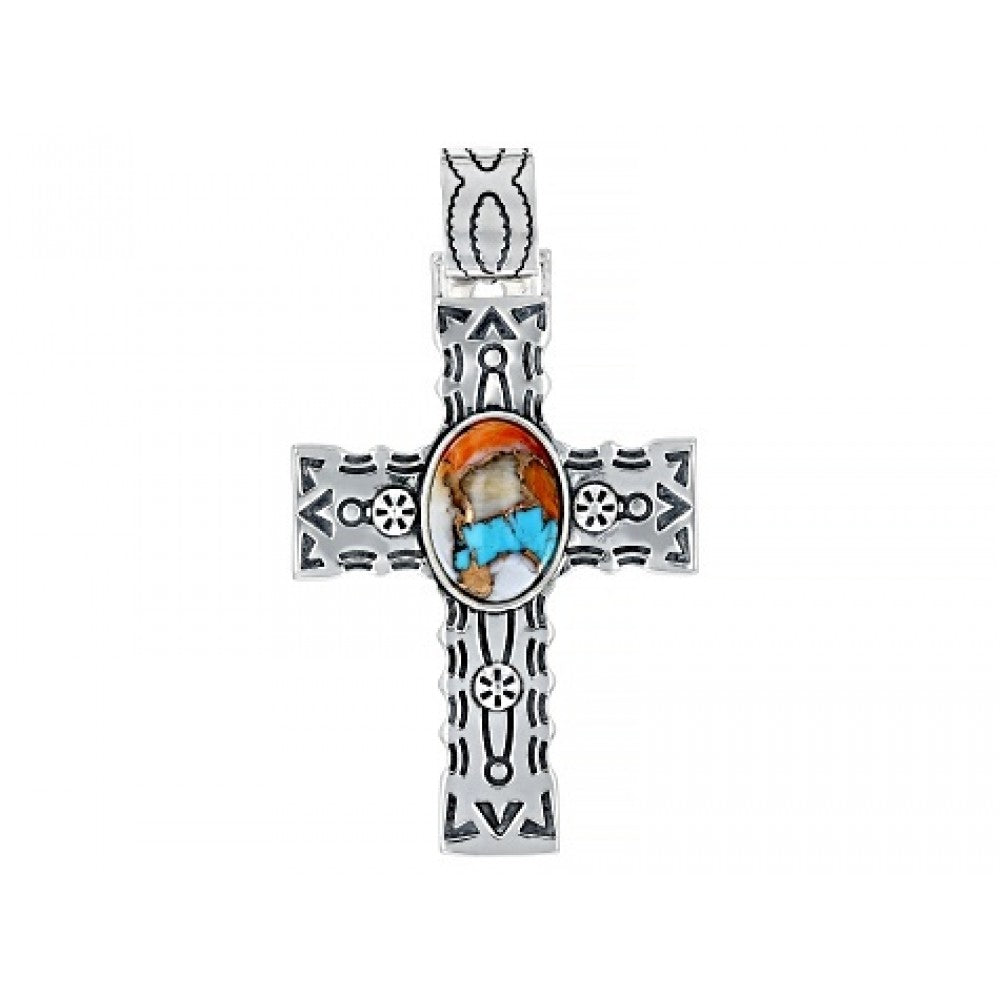 Cruz Pendente de Prata com Banho de Ouro com Ostra Turquesa  Contraste: Cabeca de Veado (800)