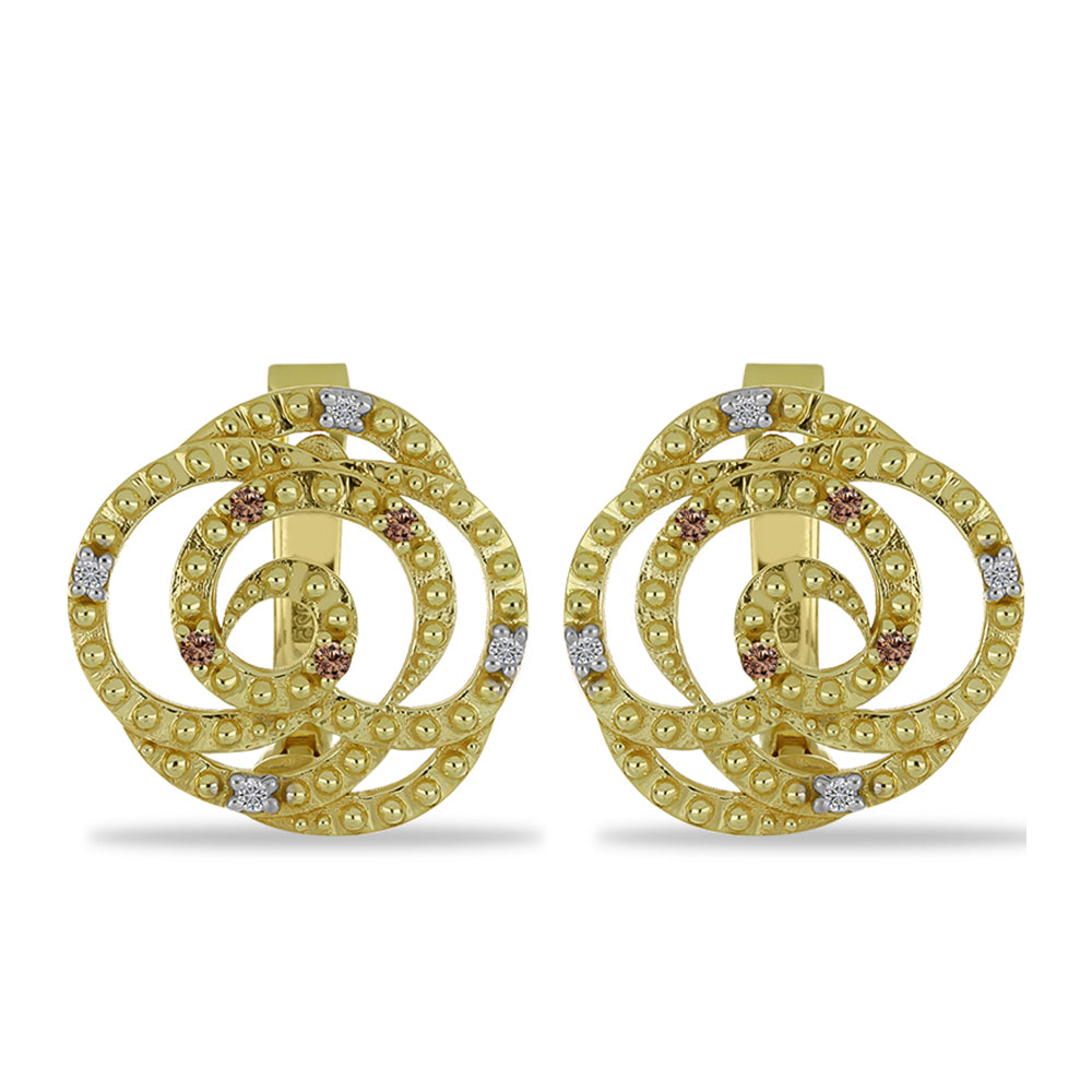 Brincos de Prata com Banho de Ouro com Diamante Champanhe e Diamante Branco