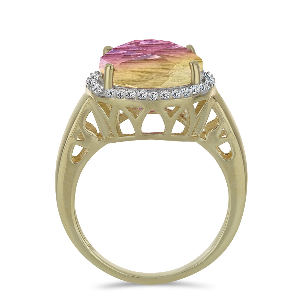 Anel de Prata com Banho de Ouro com Fluorite púrpura e Topázio Branco  Contraste: Cabeca de Veado (800) 2 