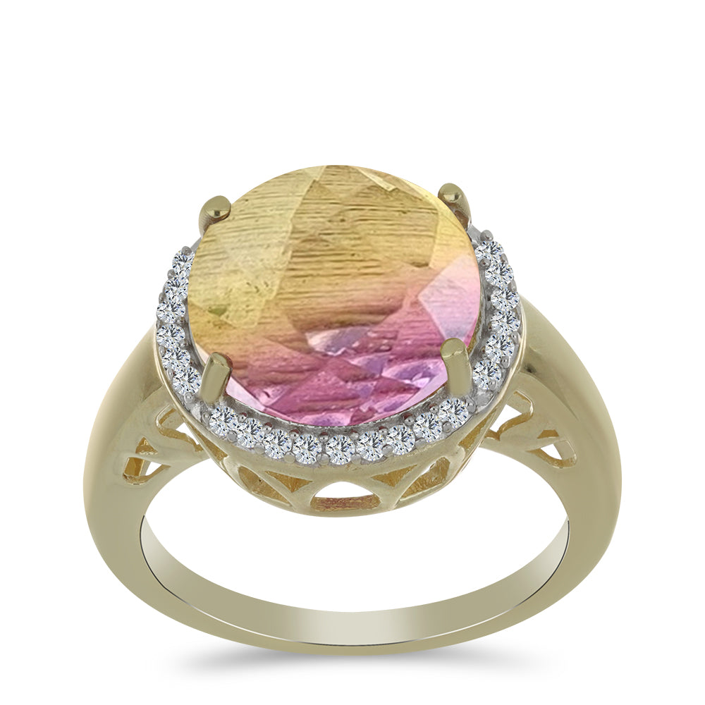 Anel de Prata com Banho de Ouro com Fluorite púrpura e Topázio Branco  Contraste: Cabeca de Veado (800)