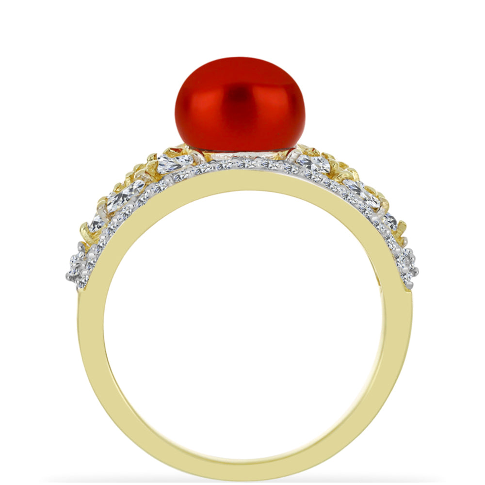 Anel de Prata com Banho de Ouro com Pérola Vermelha de Água Doce e Topázio Branco  Contraste: Cabeca de Veado (800) 2 