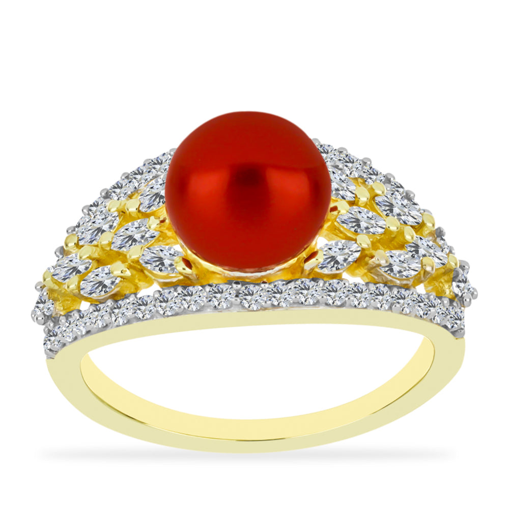 Anel de Prata com Banho de Ouro com Pérola Vermelha de Água Doce e Topázio Branco  Contraste: Cabeca de Veado (800)