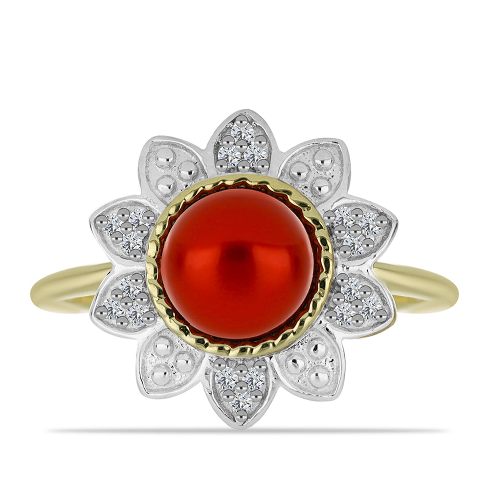 Anel de Prata com Banho de Ouro com Pérola Vermelha de Água Doce e Topázio Branco  Contraste: Cabeca de Veado (800) 1 