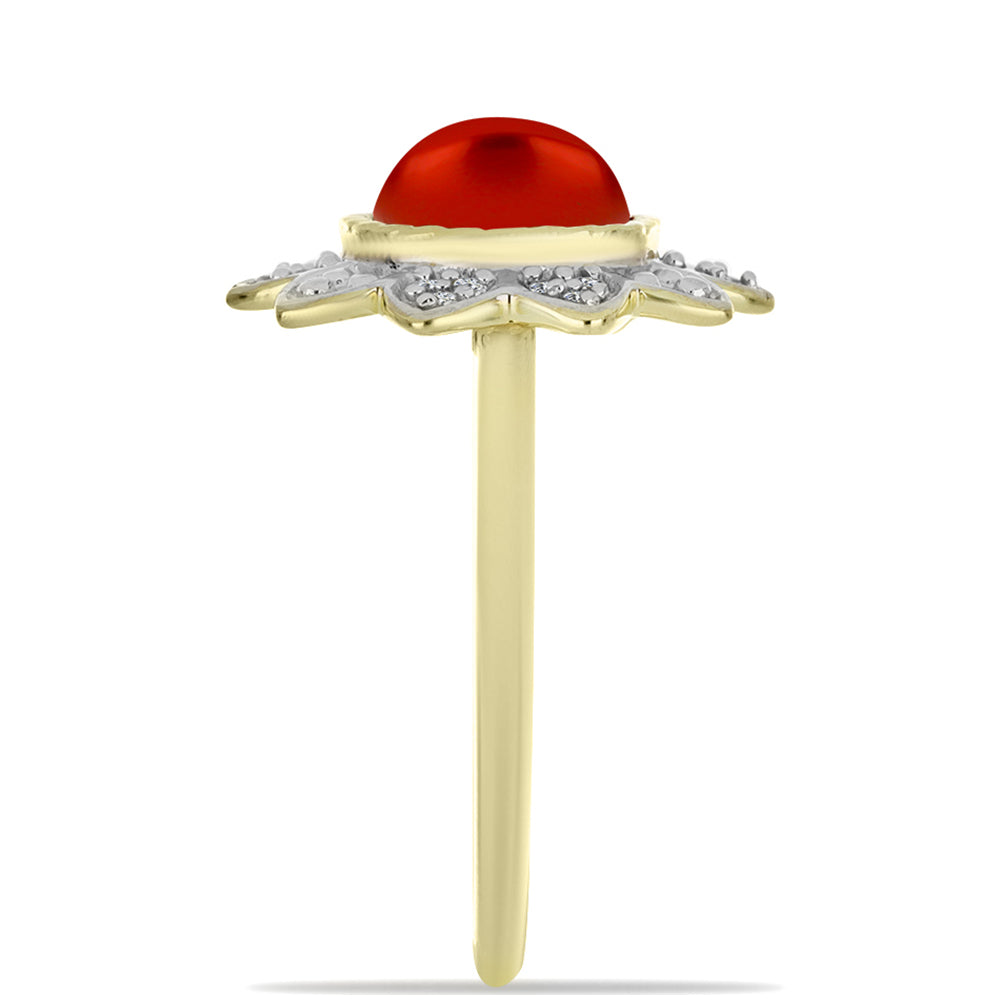 Anel de Prata com Banho de Ouro com Pérola Vermelha de Água Doce e Topázio Branco  Contraste: Cabeca de Veado (800)