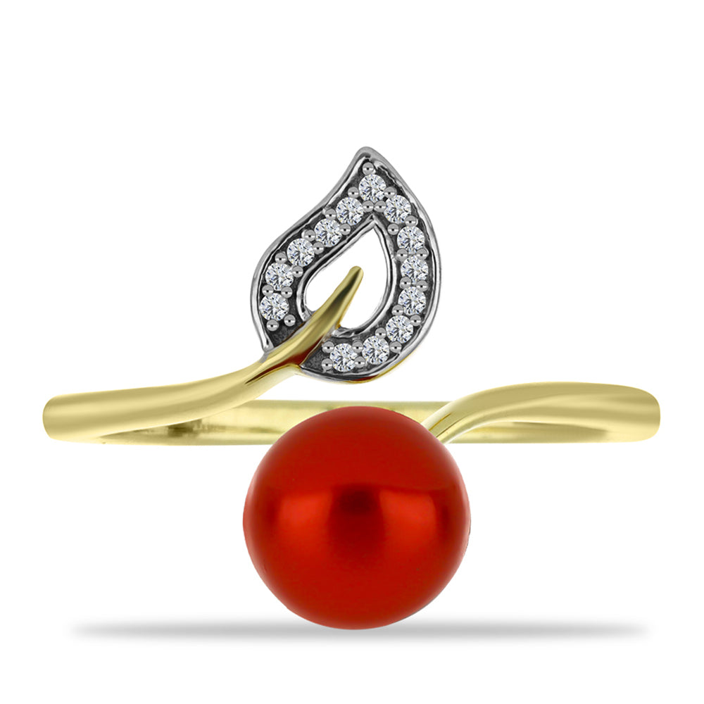 Anel de Prata com Banho de Ouro com Pérola Vermelha de Água Doce e Topázio Branco