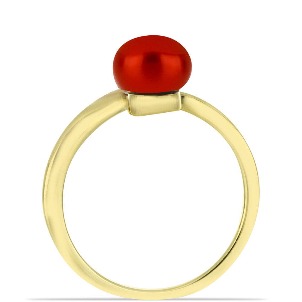 Anel de Prata com Banho de Ouro com Pérola Vermelha de Água Doce e Topázio Branco