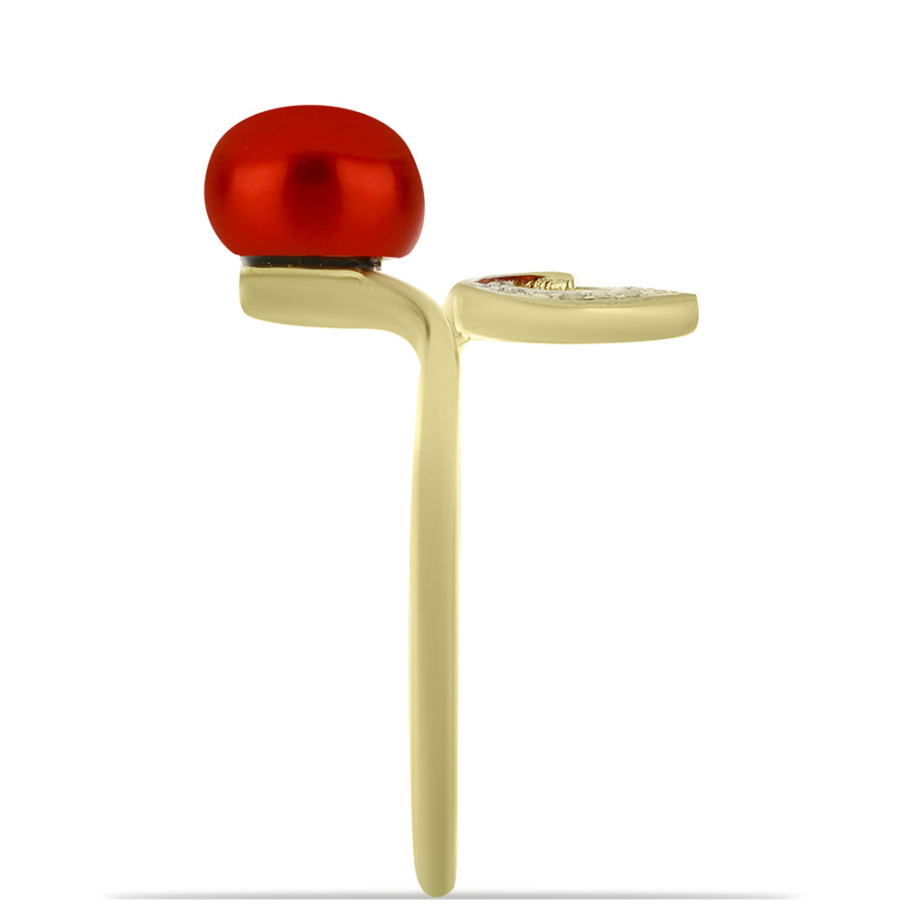 Anel de Prata com Banho de Ouro com Pérola Vermelha de Água Doce e Topázio Branco 4 