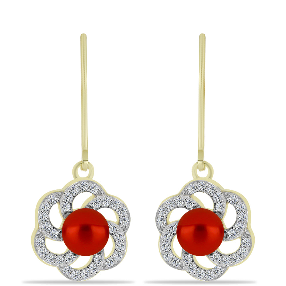 Brincos de Prata com Banho de Ouro com Pérola Vermelha de Água Doce e Topázio Branco