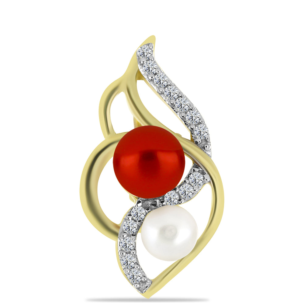 Brincos de Prata com Banho de Ouro com Pérola Vermelha de Água Doce e Topázio Branco