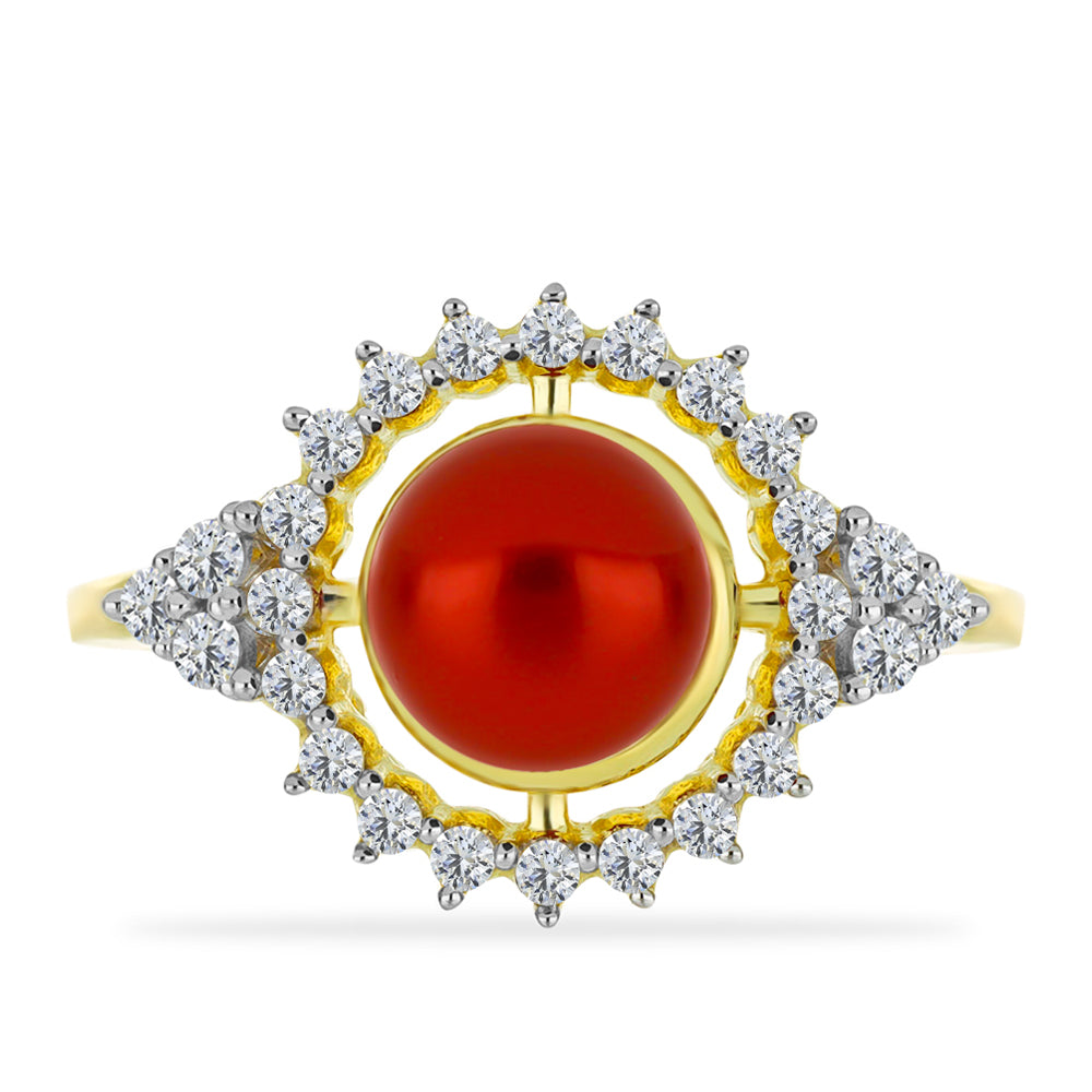 Anel de Prata com Banho de Ouro com Pérola Vermelha de Água Doce e Topázio Branco  Contraste: Cabeca de Veado (800) 1 