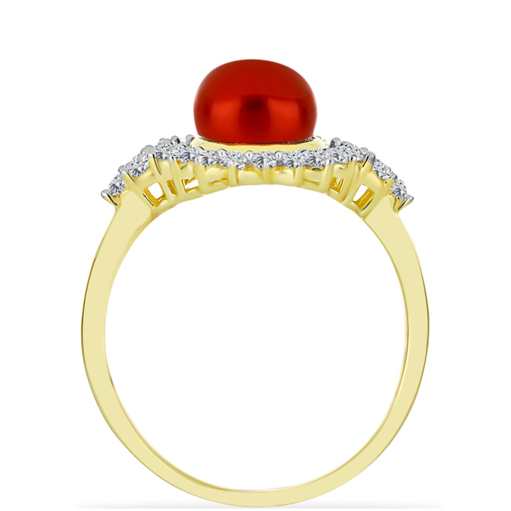 Anel de Prata com Banho de Ouro com Pérola Vermelha de Água Doce e Topázio Branco  Contraste: Cabeca de Veado (800)