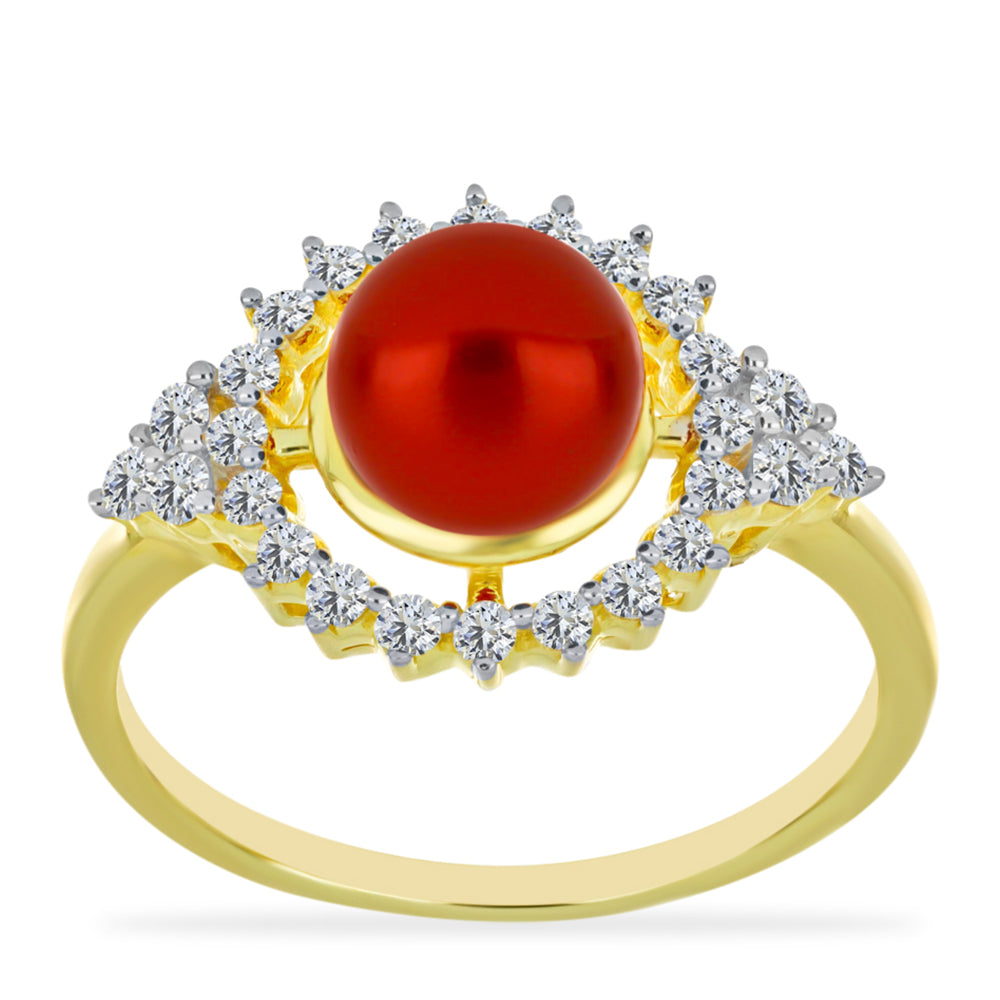 Anel de Prata com Banho de Ouro com Pérola Vermelha de Água Doce e Topázio Branco  Contraste: Cabeca de Veado (800) 3 