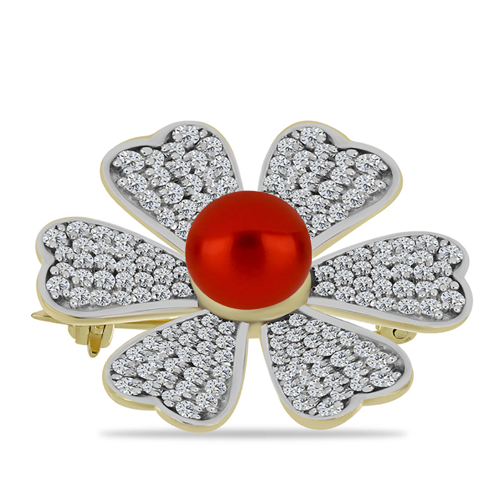 Alfinete de Prata com Banho de Ouro com Pérola Vermelha de Água Doce e Topázio Branco  Contraste: Cabeca de Veado (800) 1 