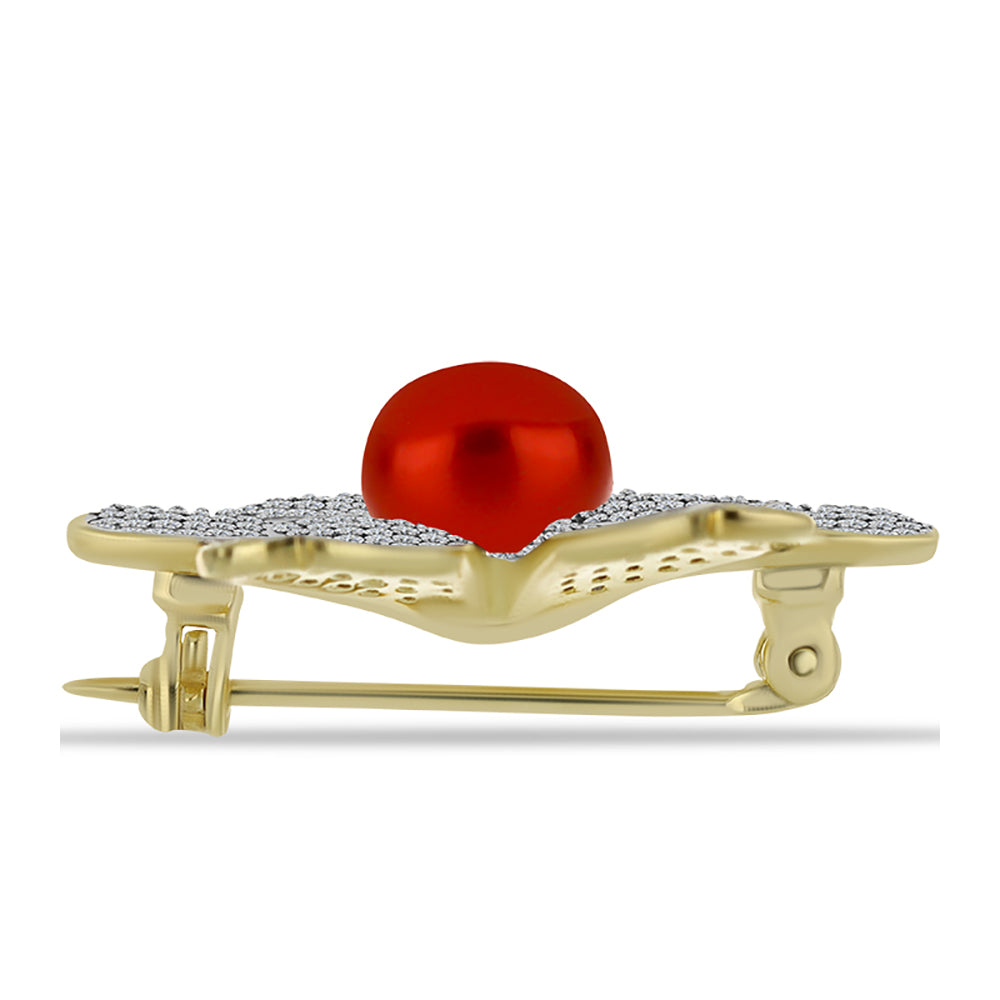 Alfinete de Prata com Banho de Ouro com Pérola Vermelha de Água Doce e Topázio Branco  Contraste: Cabeca de Veado (800) 2 