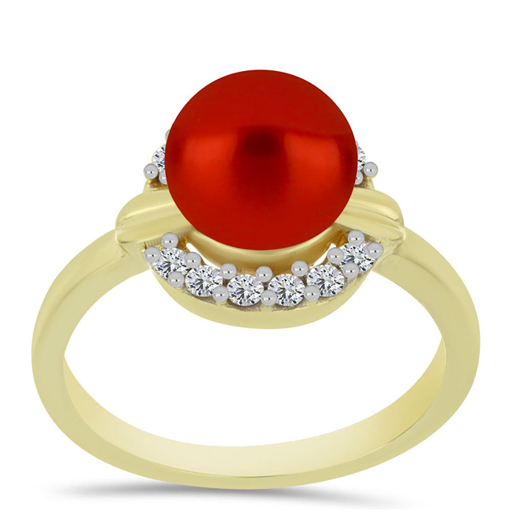 Anel de Prata com Banho de Ouro com Pérola Vermelha de Água Doce e Topázio Branco 3 