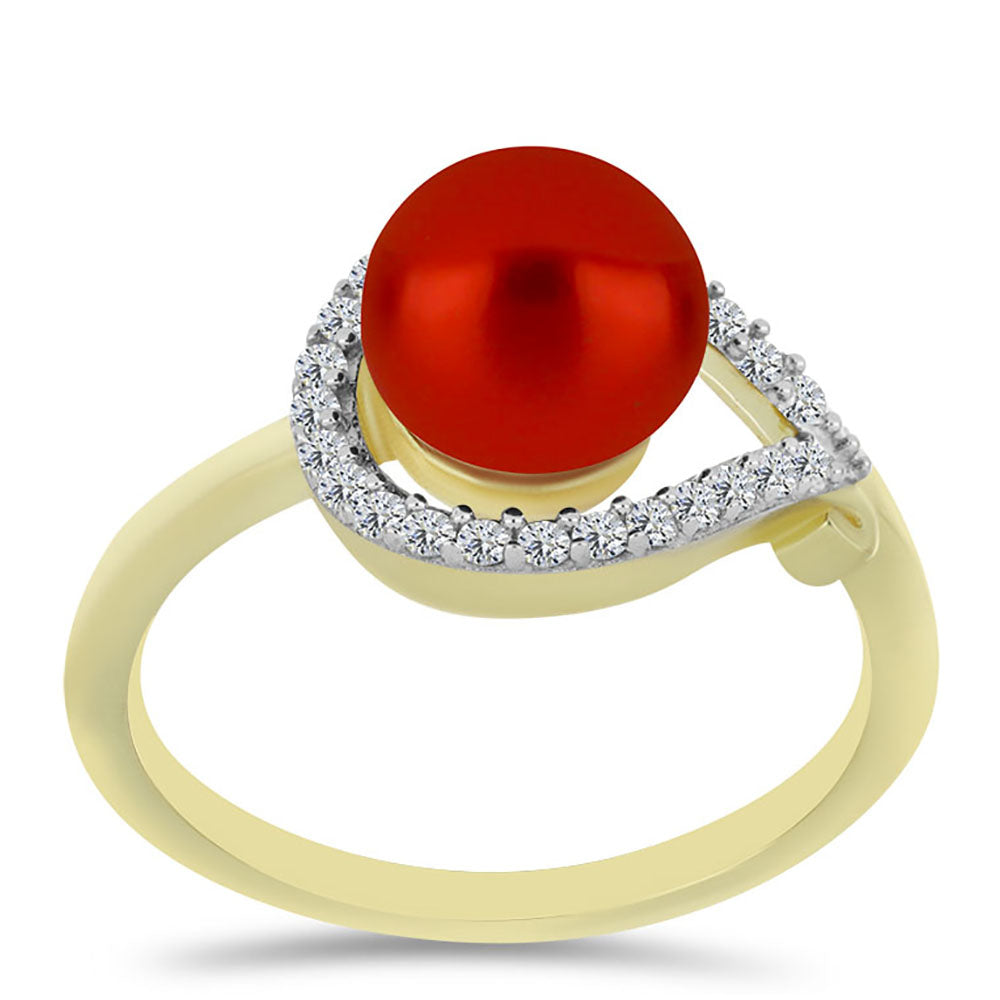 Anel de Prata com Banho de Ouro com Pérola Vermelha de Água Doce e Topázio Branco 3 