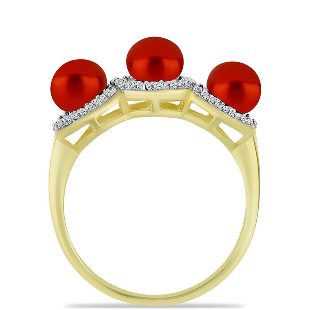 Anel de Prata com Banho de Ouro com Pérola Vermelha de Água Doce e Topázio Branco  Contraste: Cabeca de Veado (800) 2 